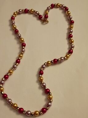 Triple-Tone Beaded Necklace in Pink, Gold & Red - Women Jewelry